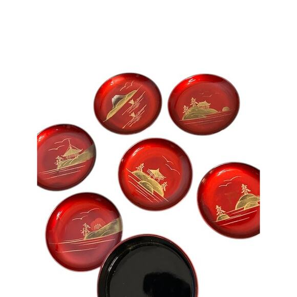 Japanese Red Gold Lacquerware Box and Coasters Set Vintage Set of 6 - Picture 9 of 9
